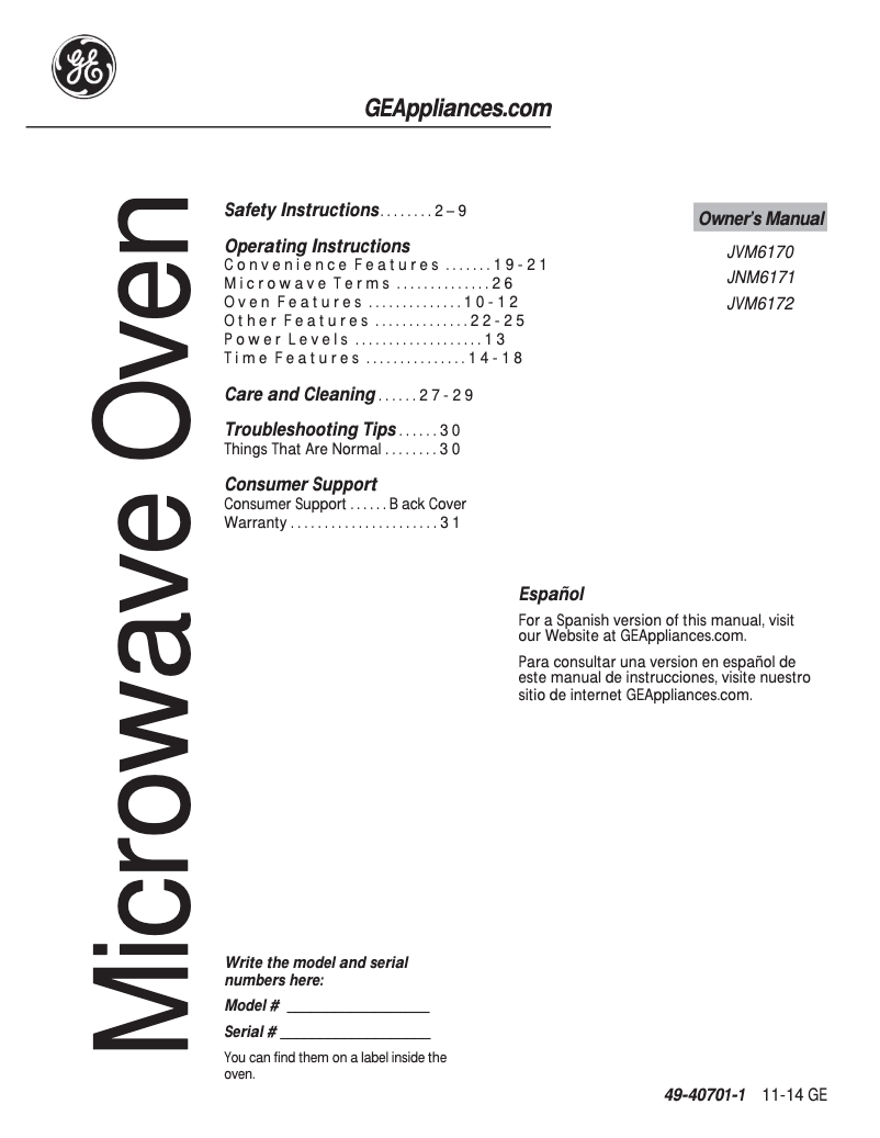 Página 1 del manual Manual de uso y mantenimiento GE JVM6170DFWW