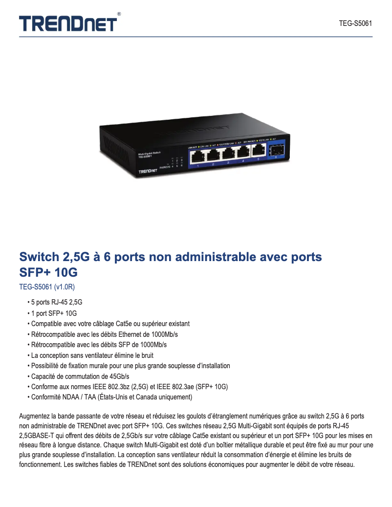 Page 1 de la notice Fiche technique TRENDnet TEG-S5061