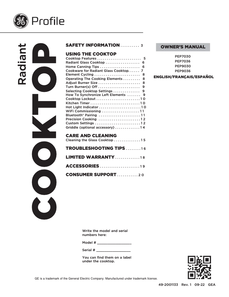 Página 1 del manual Manual de usuario GE Profile PEP7036DTBB