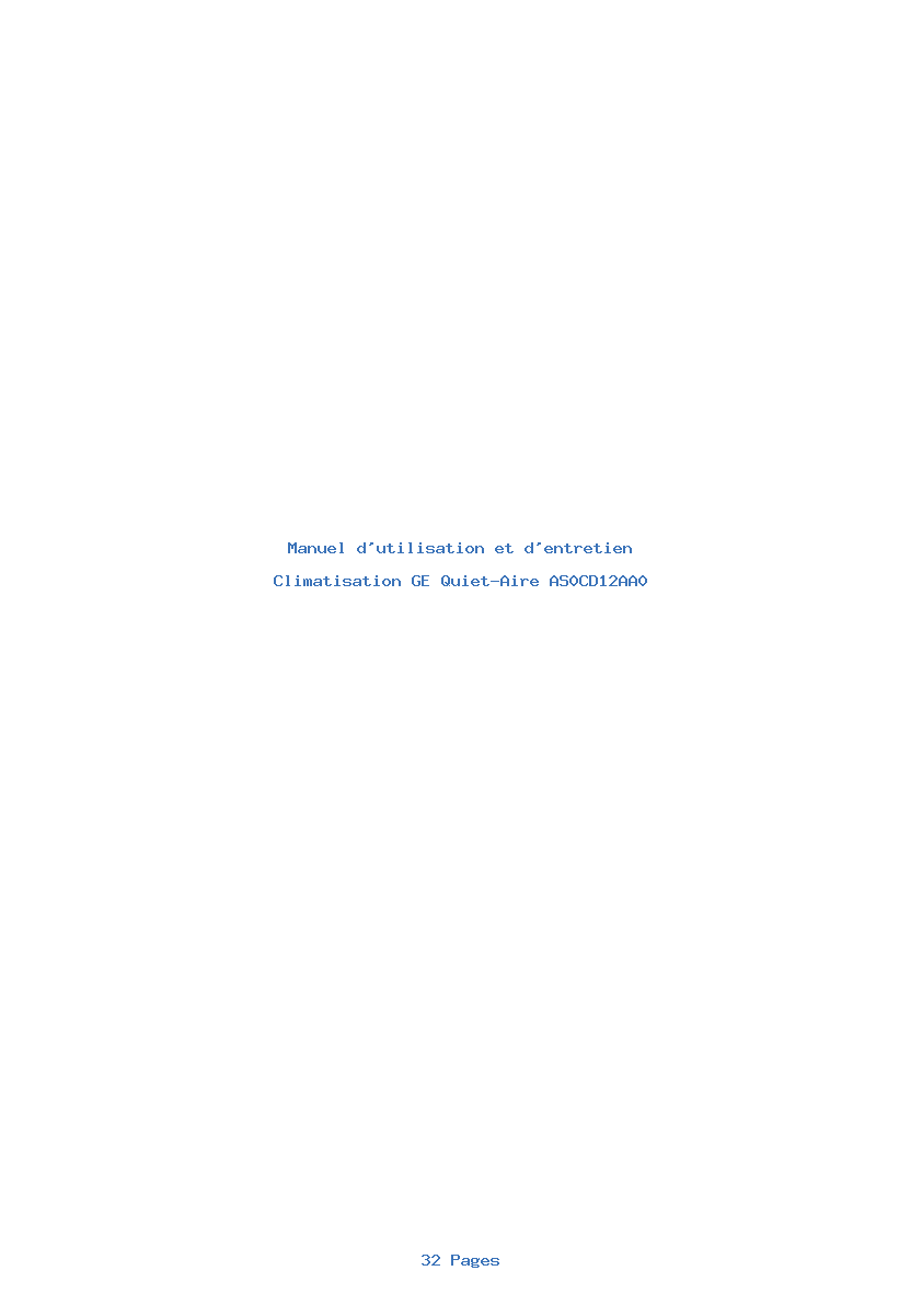 Page 1 de la notice Manuel d'utilisation et d'entretien GE Quiet-Aire AS0CD12AA0