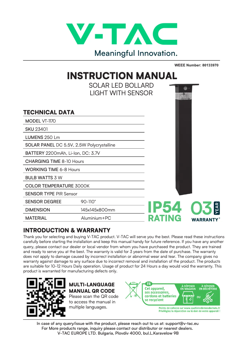 Page 1 de la notice Manuel utilisateur V-TAC VT-1170