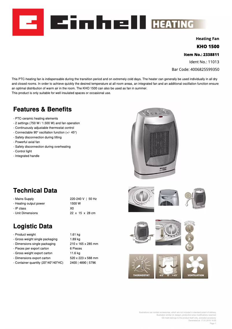 Page 1 de la notice Fiche technique Einhell KHO 1500