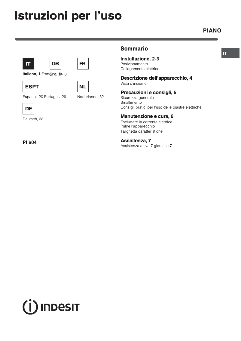 Página 1 del manual Manual de usuario Indesit PI 604 (IX)