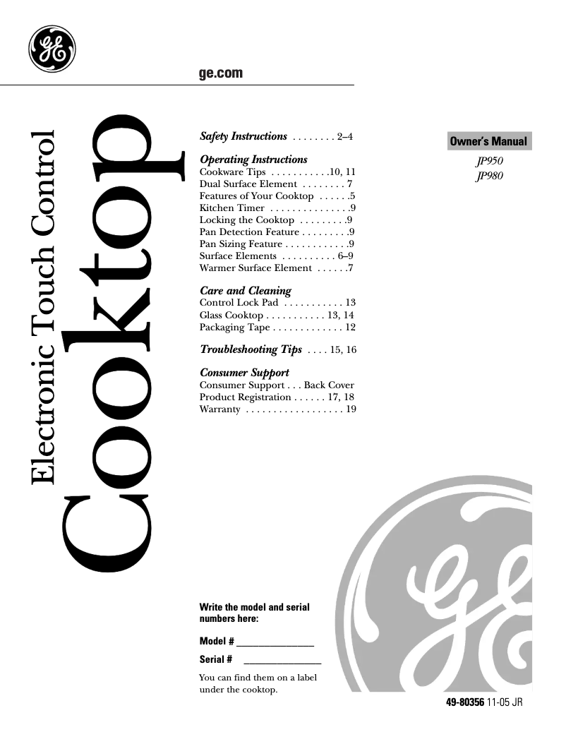 Page 1 of the manual Use and Maintenance Manual GE JP950WKWW