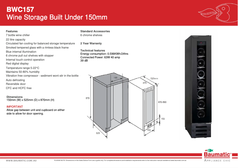 Page 1 de la notice Fiche technique Baumatic BWC157