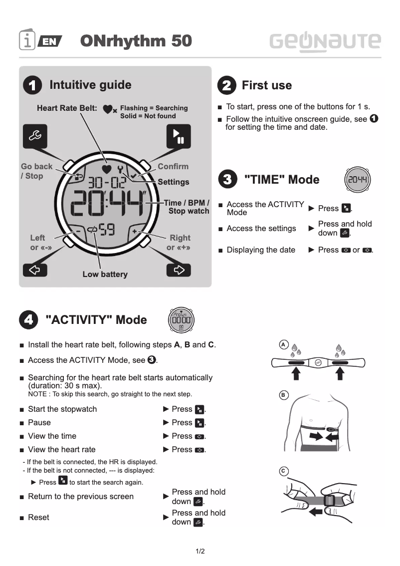 Page 1 de la notice Manuel utilisateur Geonaute ONrhythm 50