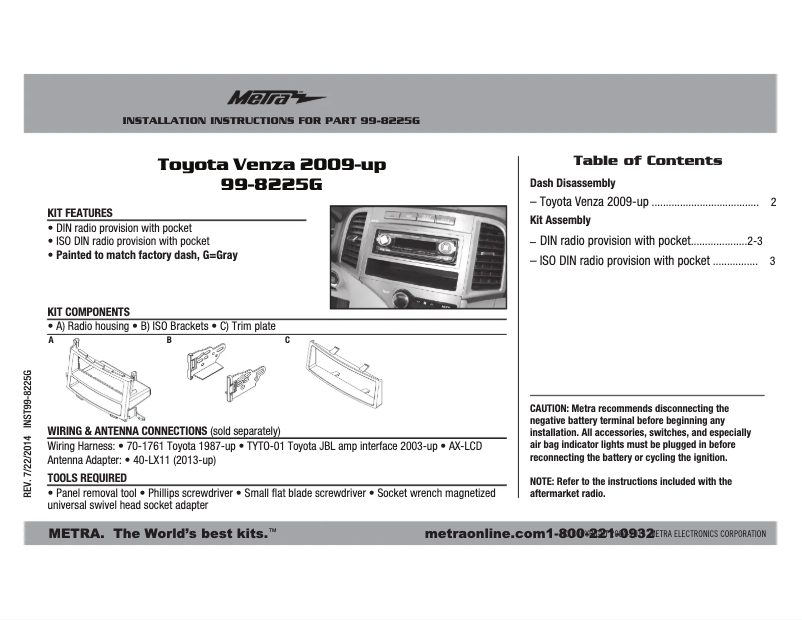 Page 1 de la notice Manuel utilisateur Metra 99-8225G