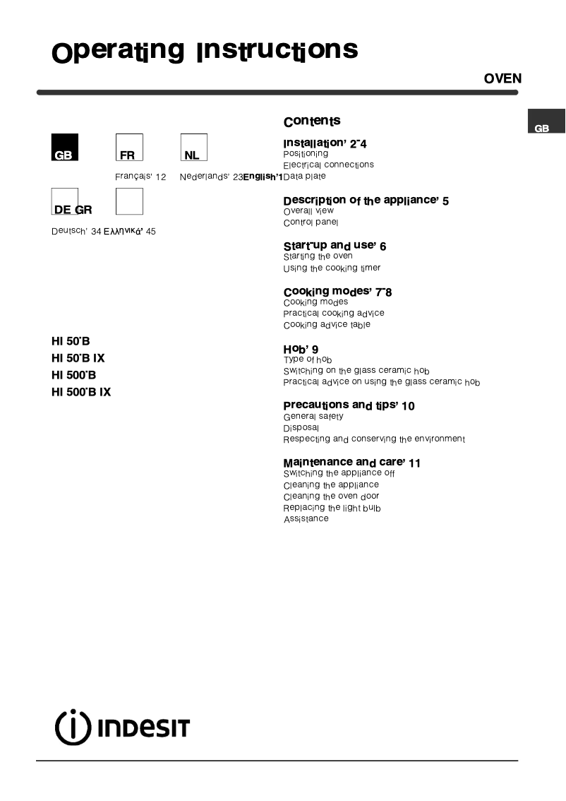 Page 1 de la notice Manuel utilisateur Indesit HI 500.B IX