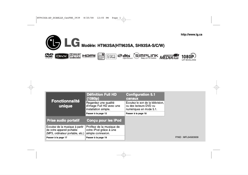 Page 1 de la notice Manuel utilisateur LG HT963SA