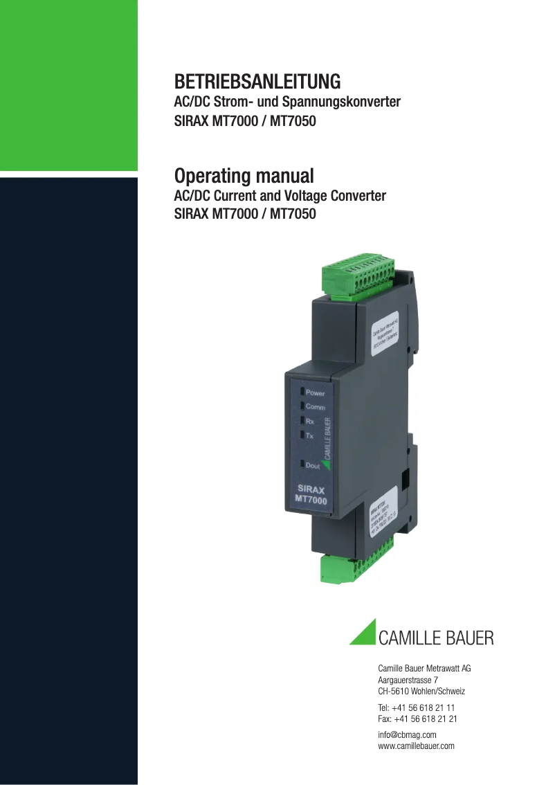 Page 1 of the manual User Manual Camille Bauer SIRAX MT7050