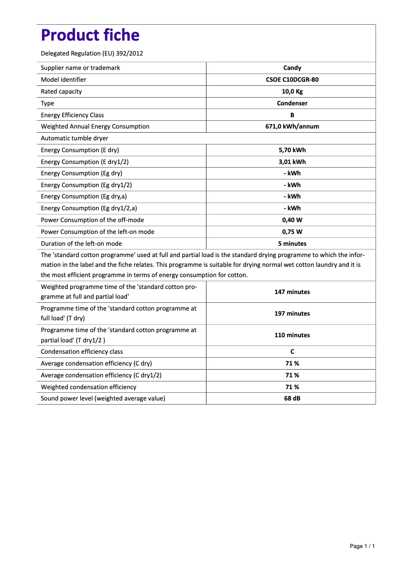 Page 1 de la notice Fiche technique Candy CSOE C10DCGR-80