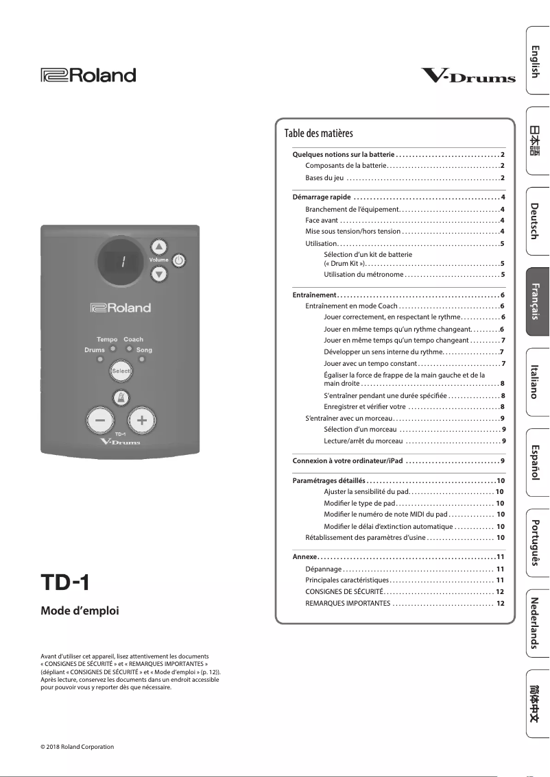 Page 1 de la notice Manuel utilisateur Roland TD-1DMK