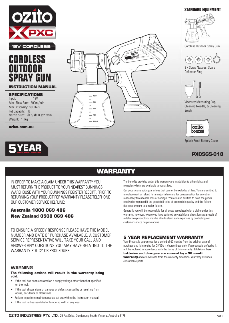Page 1 de la notice Manuel utilisateur Ozito PXOSGK-250