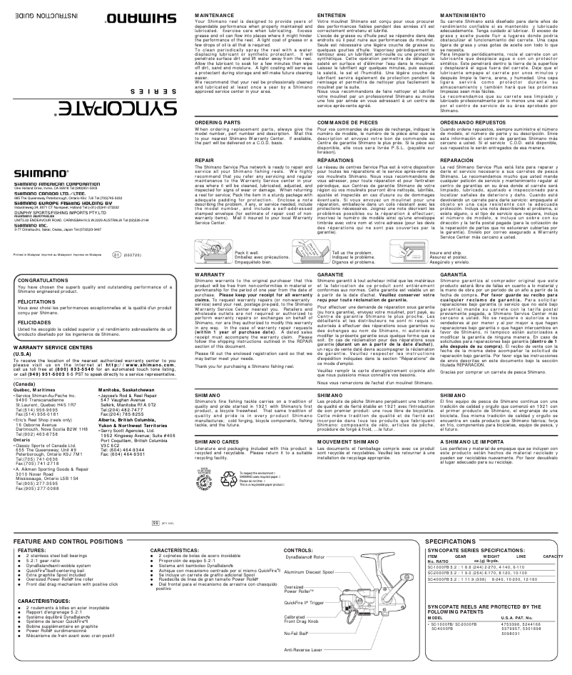 Page 1 de la notice Manuel utilisateur Shimano Syncopate 4000FB