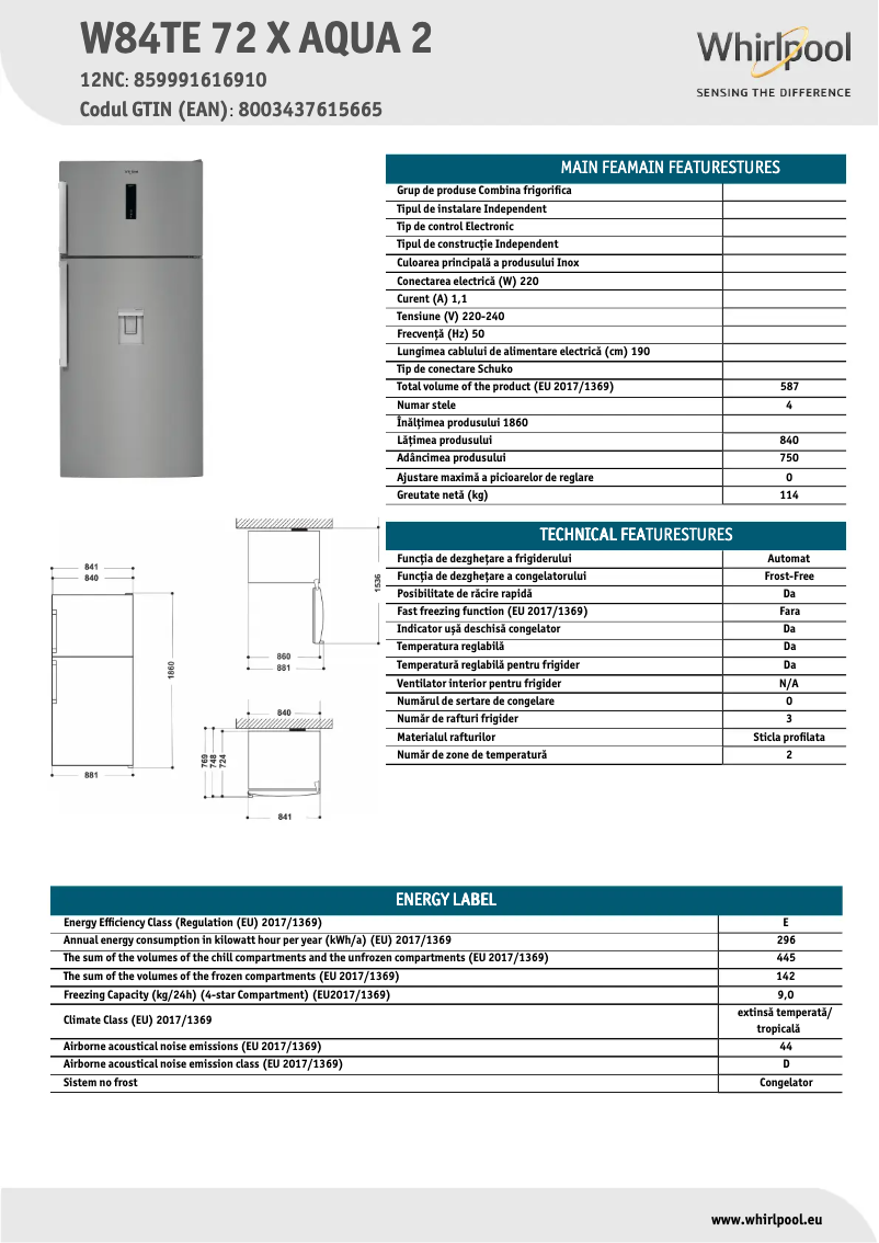 Page 1 de la notice Fiche technique Whirlpool W84TE 72 X AQUA 2