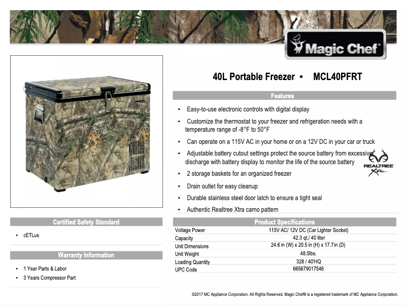 Page 1 de la notice Fiche technique Magic Chef MCL40PFRT