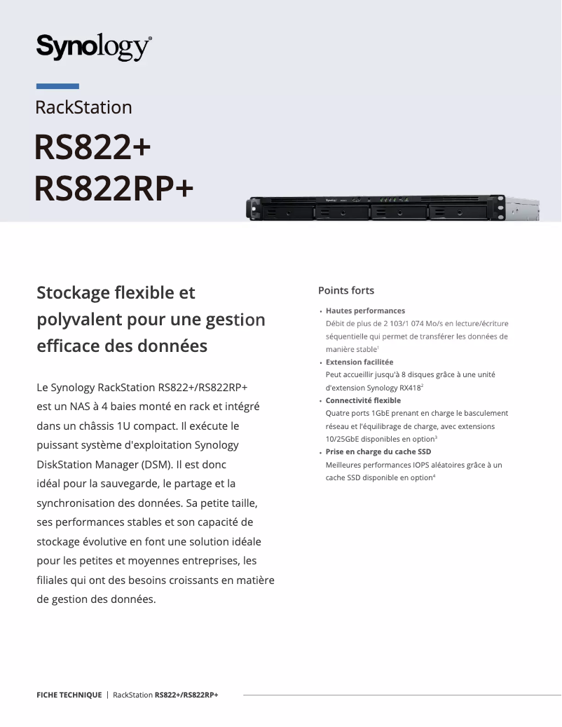 Page 1 de la notice Fiche technique Synology RS822+