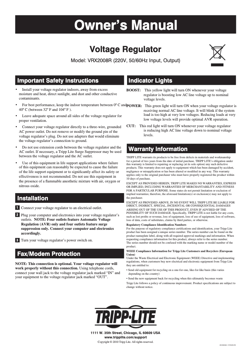 Page 1 de la notice Manuel utilisateur Tripp Lite VRX2008R