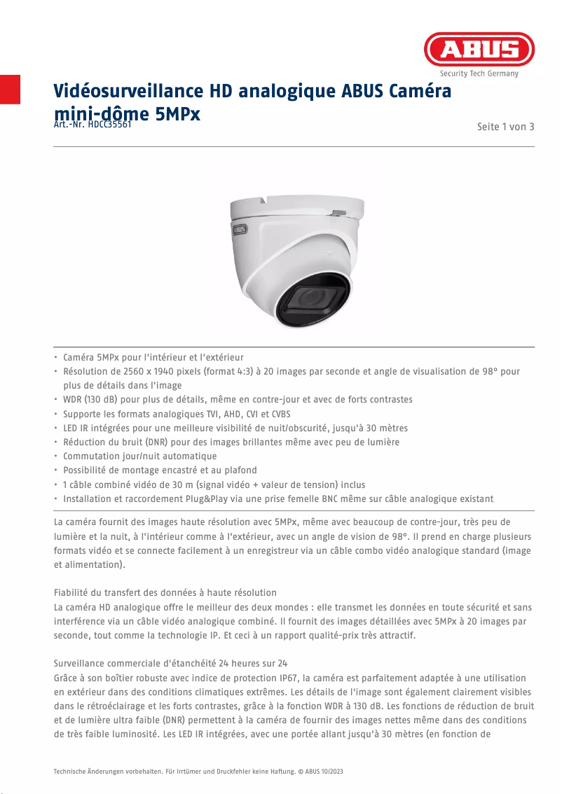Página 1 del manual Ficha técnica Abus HDCC35561