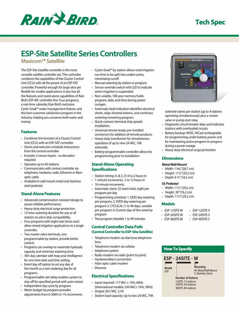Page 1 of the manual Technical Sheet Rain Bird ESP-SITE