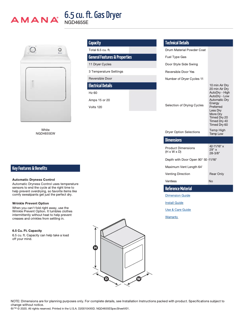 Página 1 del manual Ficha técnica Amana NGD4655EW