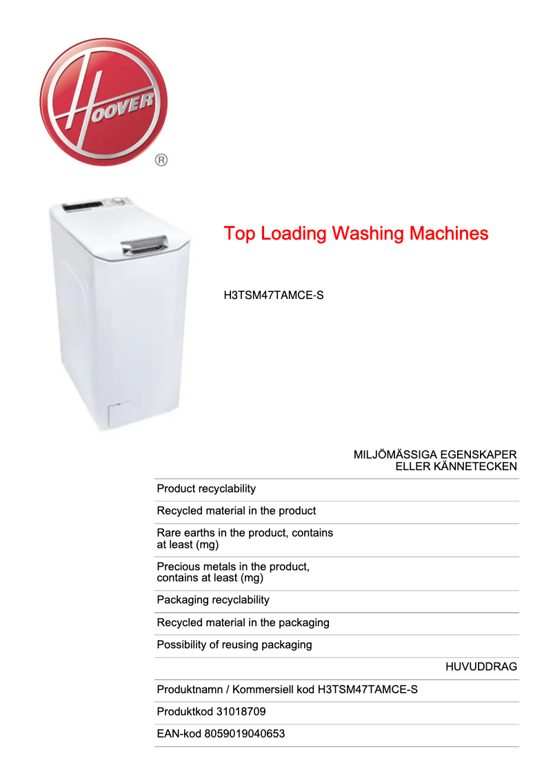 Página 1 del manual Ficha técnica Hoover H3TSM47TAMCE-S