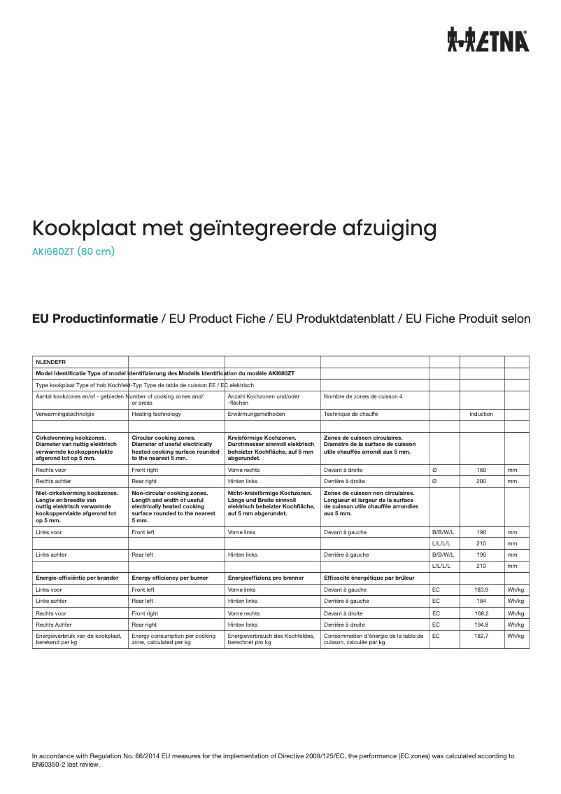 Page 1 de la notice Fiche technique Etna HF2018