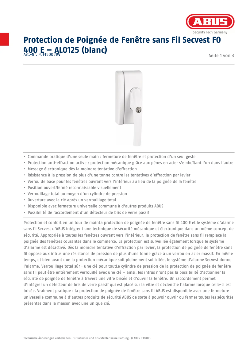 Page 1 de la notice Fiche technique Abus FUFT50051W