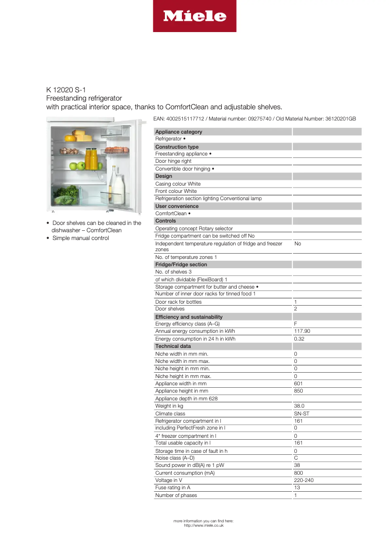 Page 1 de la notice Fiche technique Miele K 12020 S-1
