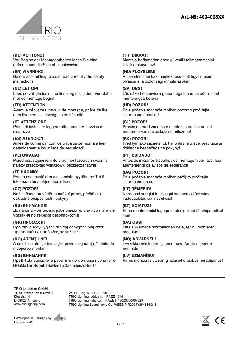 Page 1 de la notice Manuel utilisateur Trio Lighting Lance 403400317