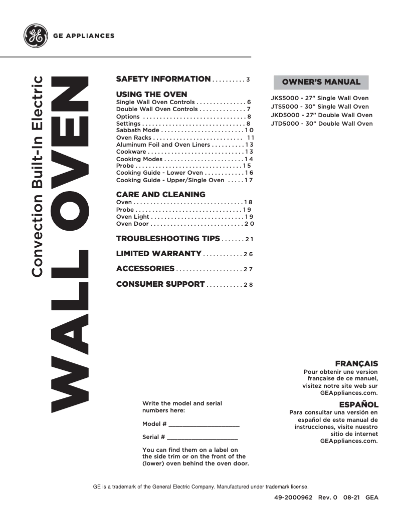Page 1 de la notice Manuel utilisateur GE JTD5000BNTS