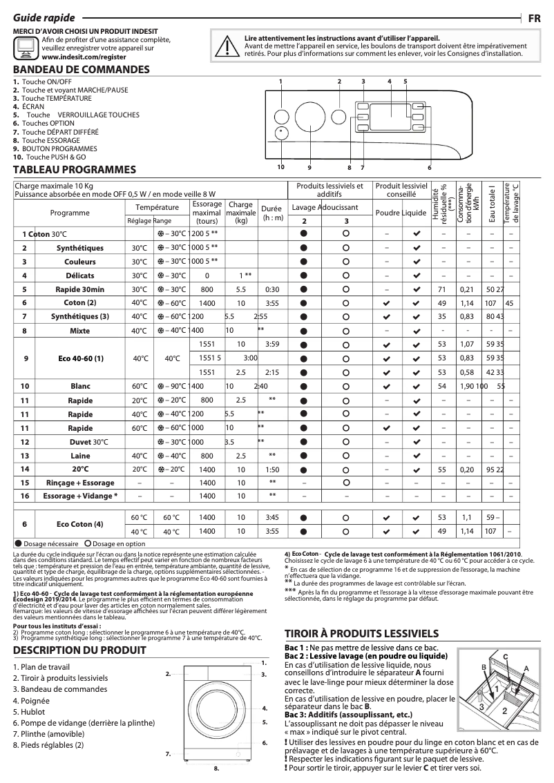 Page 1 de la notice Manuel utilisateur Indesit BWE 101483X WS EU N