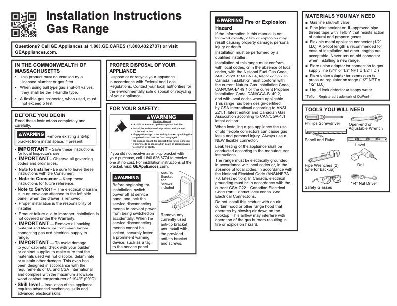 Page 1 of the manual Installation Guide GE GGF400PVWW