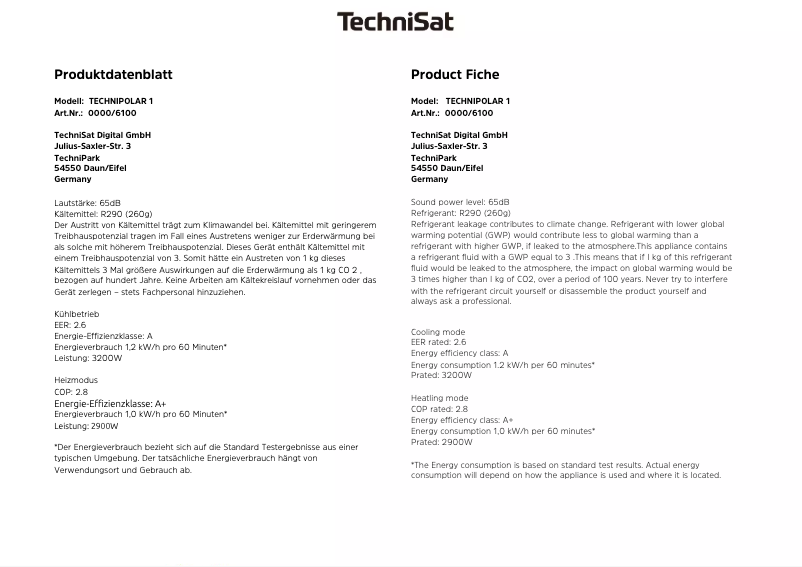 Page 1 de la notice Fiche technique TechniSat Technipolar 1
