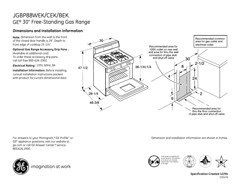 Page 1 de la notice Fiche technique GE JGBP88CEKCC