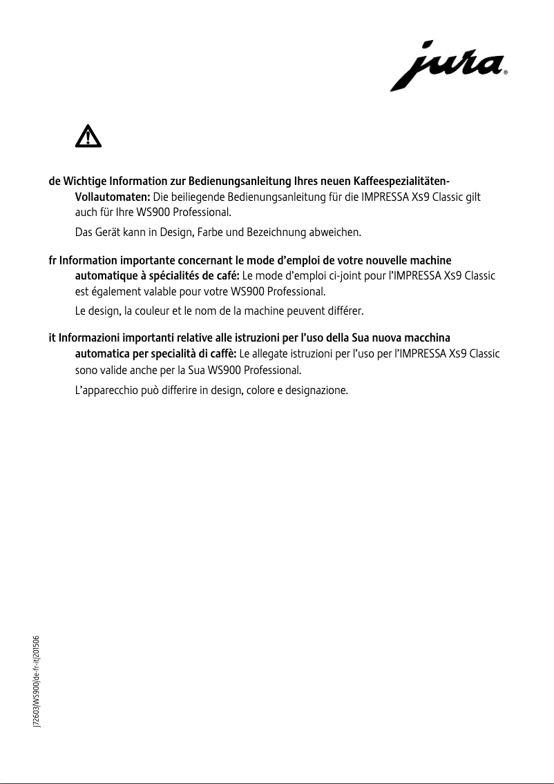 Page 1 de la notice Manuel utilisateur Jura WS900 Professional