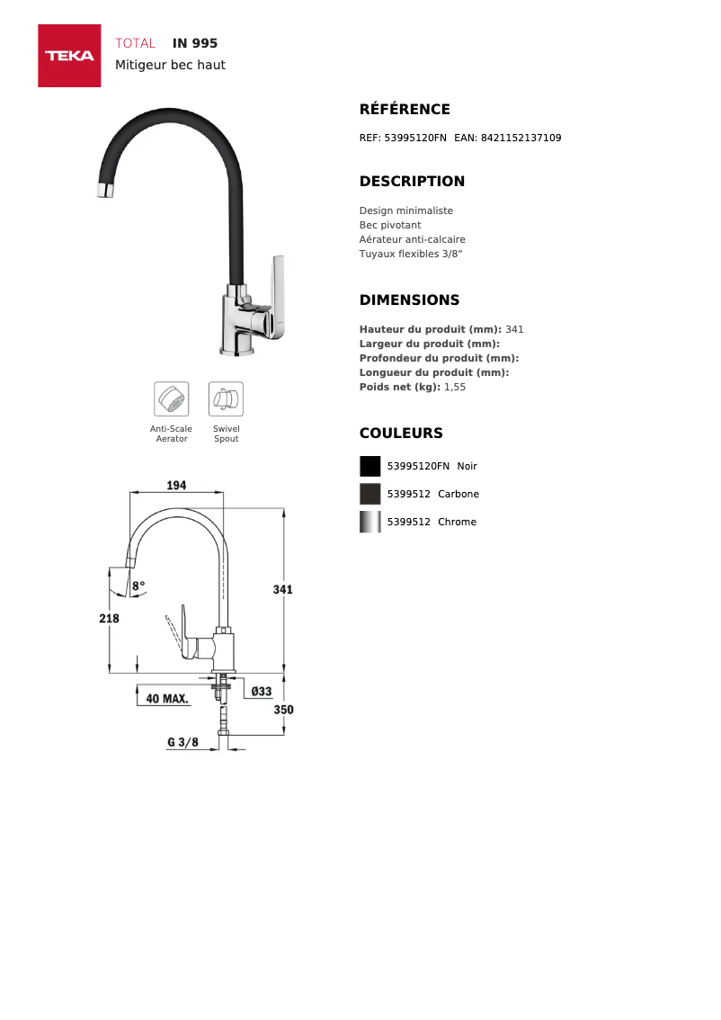 Page 1 de la notice Fiche technique Teka IN 995