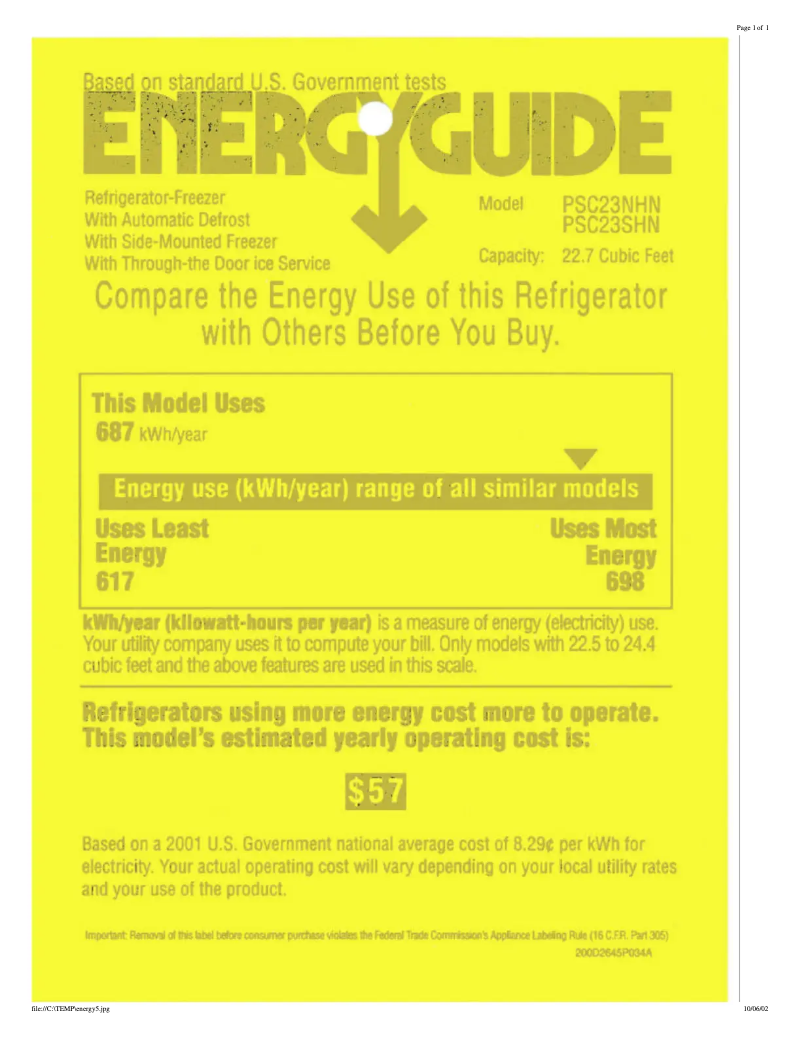 Página 1 del manual Etiqueta energética GE PSC23SHNBS