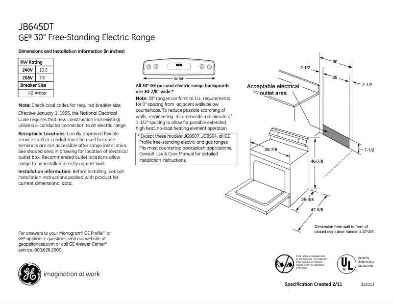 Page n°1 - Fiche technique GE JB645DTWW