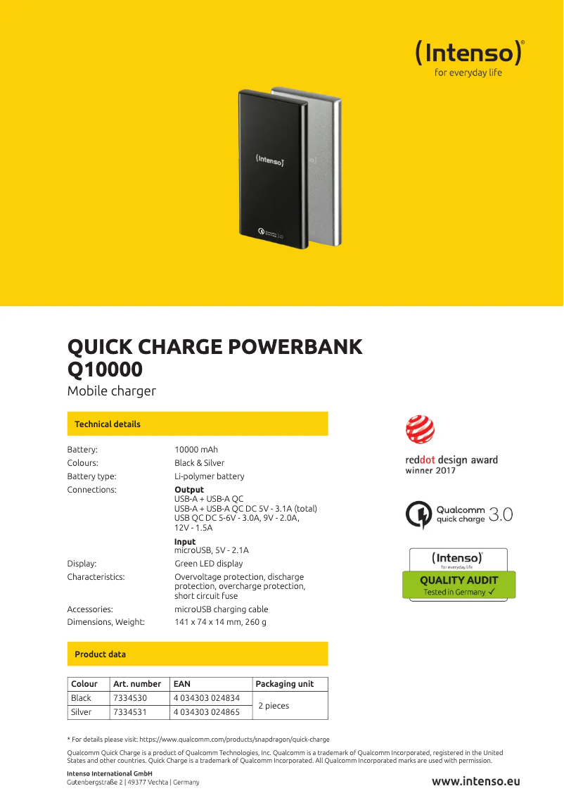 Page 1 de la notice Fiche technique Intenso Q10000