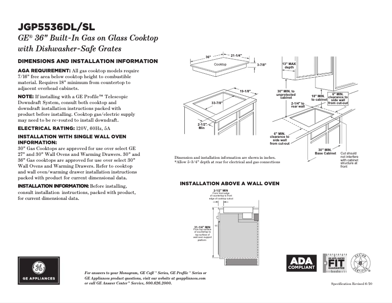 Page 1 de la notice Fiche technique GE JGP5536DLBB