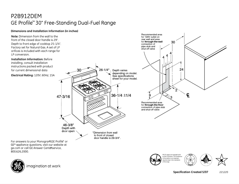 Page 1 of the manual Technical Sheet GE P2B912DEMBB