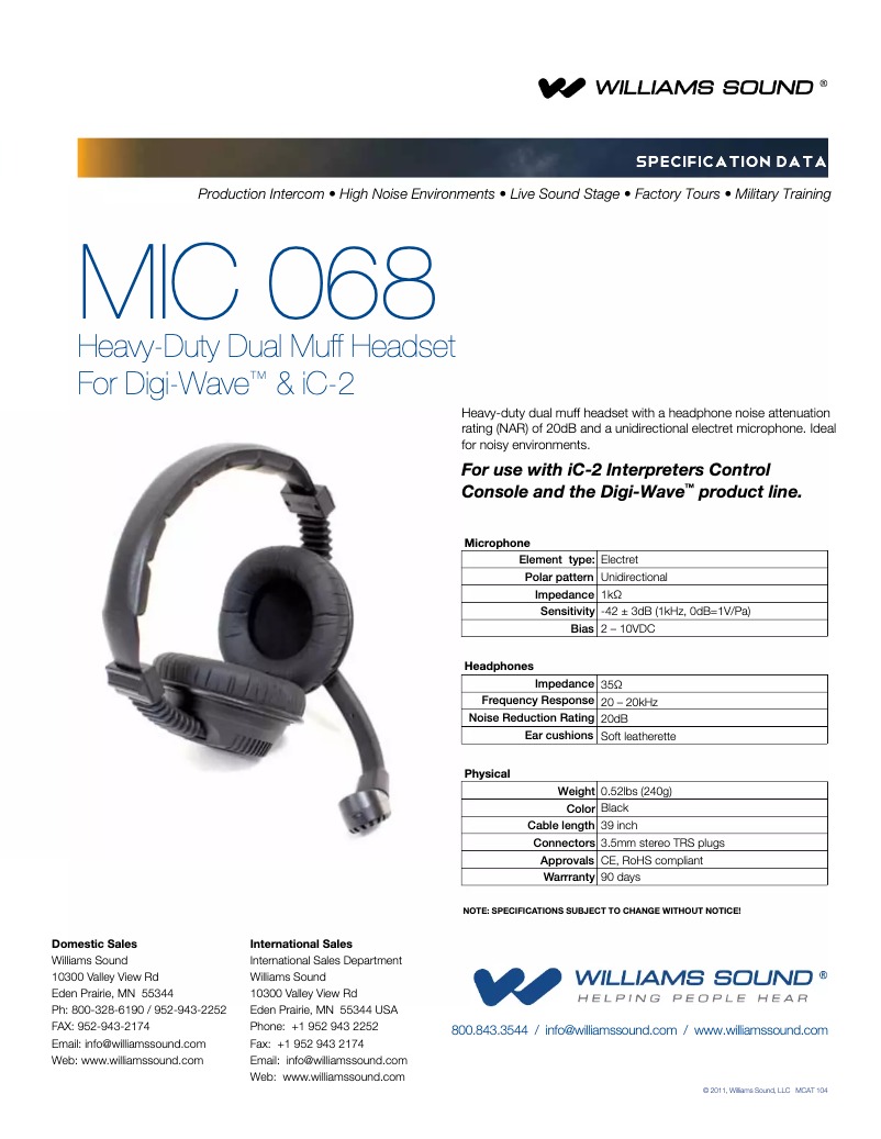 Page 1 de la notice Manuel utilisateur Williams Sound Heavy-Duty Dual Muff MIC 068