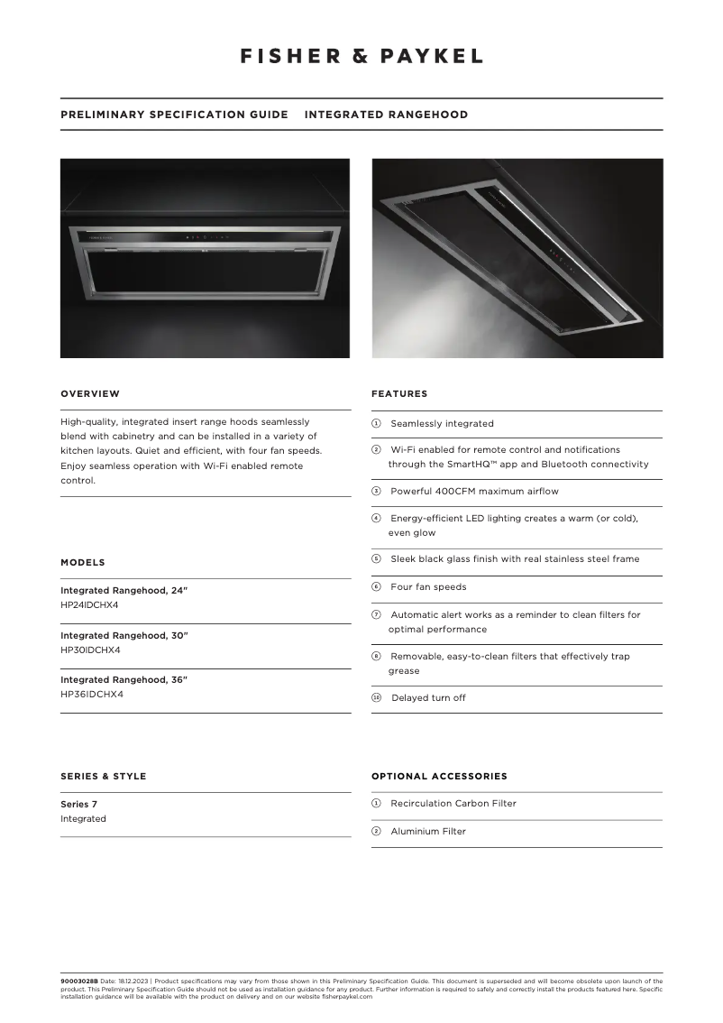 Page 1 de la notice Fiche technique Fisher & Paykel HP36IDCHX4