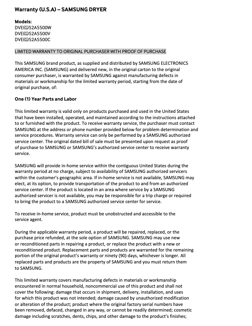 Página 1 del manual Información de garantía Samsung DVG52A5500C