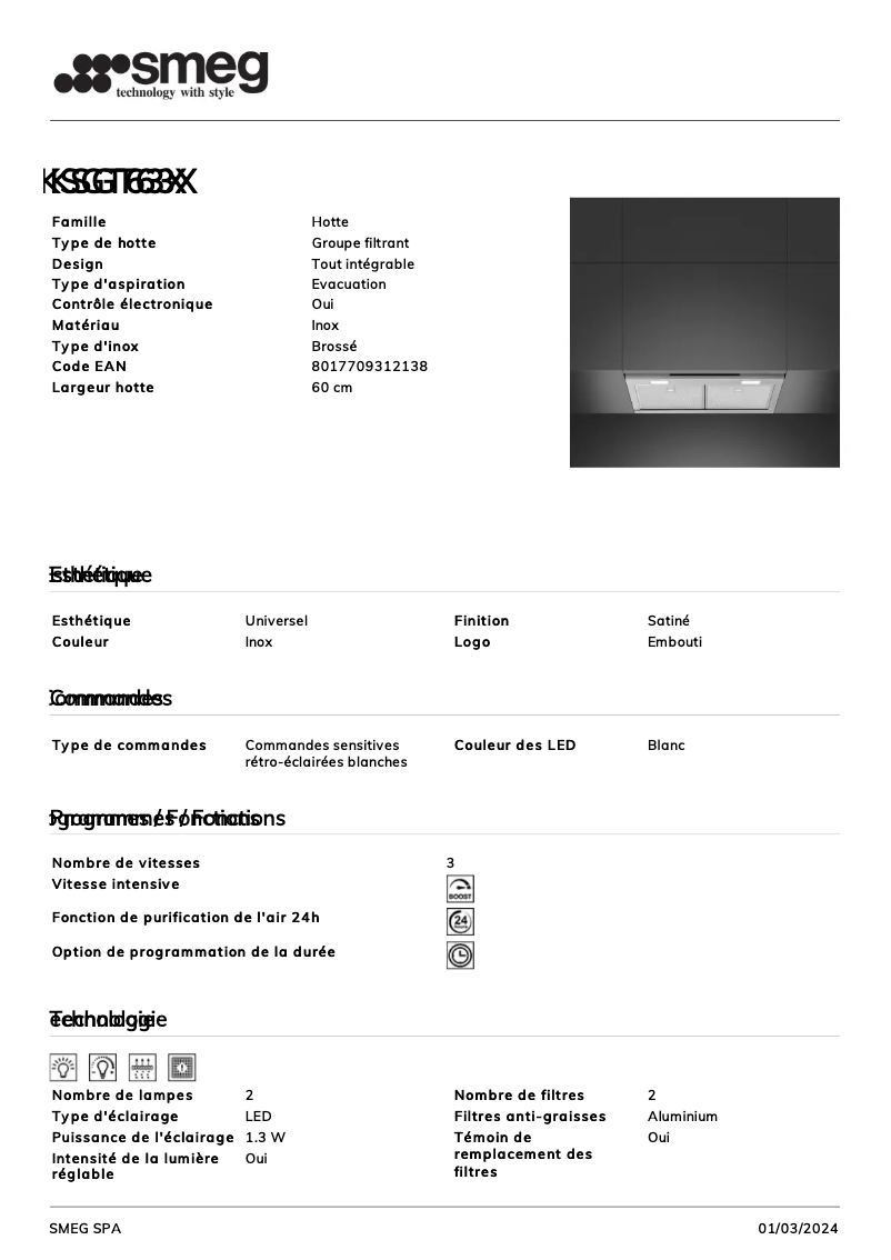 Page 1 de la notice Fiche technique Smeg KSGT63X