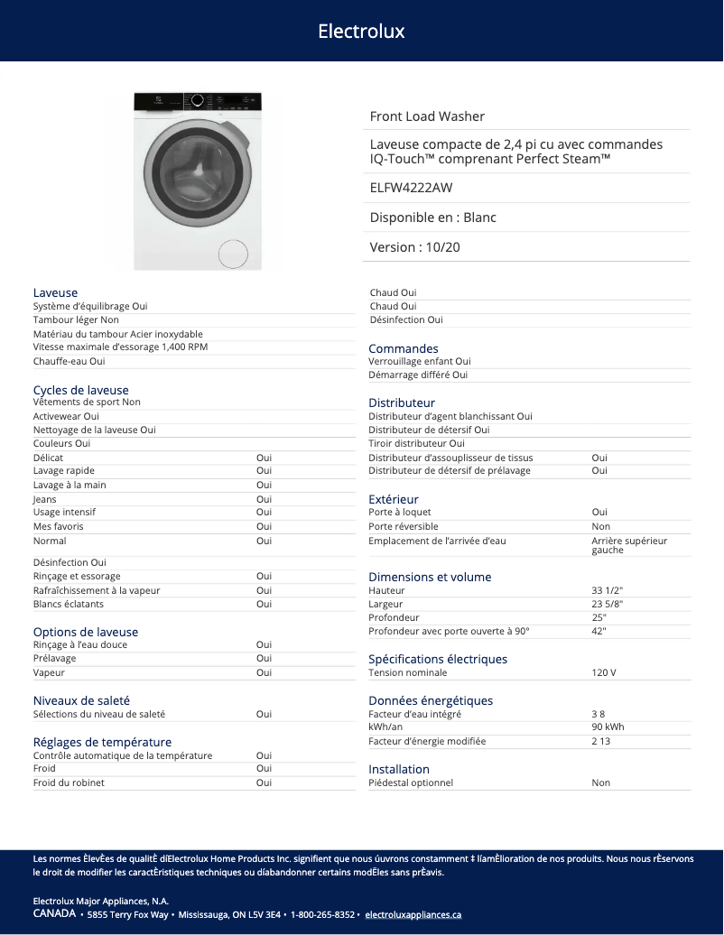 Page 1 de la notice Fiche technique Electrolux ELFW4222AW