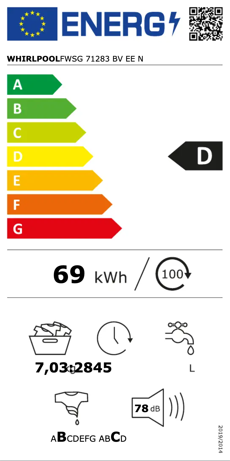 Page 1 de la notice Manuel utilisateur Whirlpool FWSG 71283 BV EE N