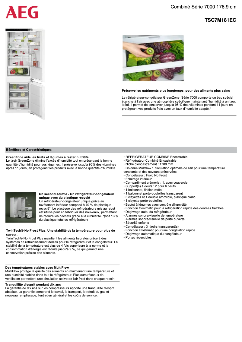 Page 1 de la notice Fiche technique AEG TSC7M181EC