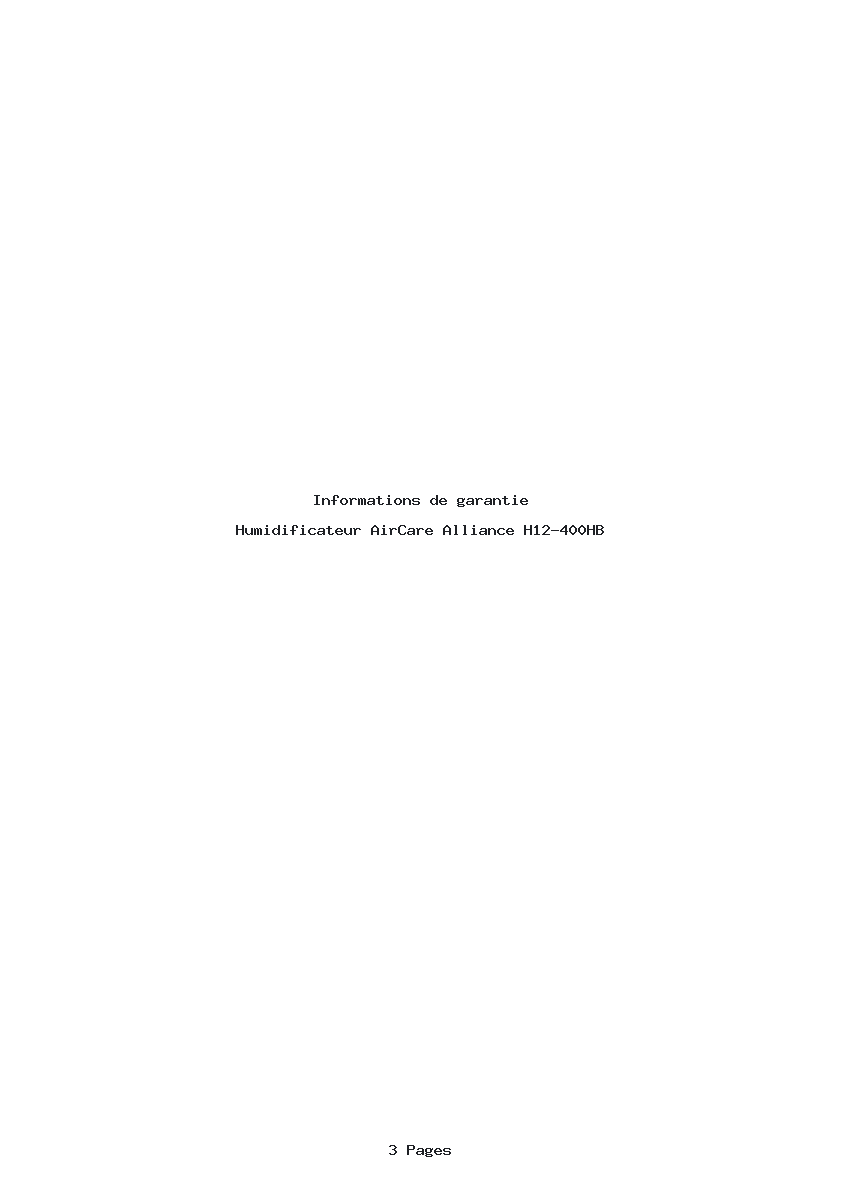 Page 1 de la notice Informations de garantie AirCare Alliance H12-400HB